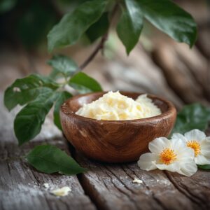 Shea butter, wooden bowl, flowers