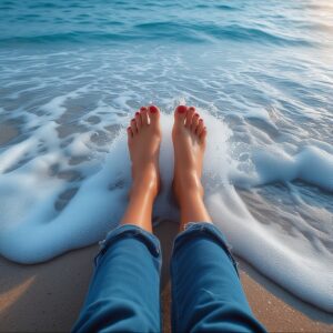 Bare feet, Bare feet at beach, sitting at beach with bare feet in water.