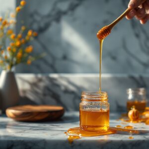Honey, Spilled Honey, Dripping Honey, Honey Jar, Spilled Honey on Marble Counter