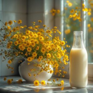 Milk, milk bottle, Heritage Skincare Edit, heritage skincare ingredients for mature skin, yellow flowers