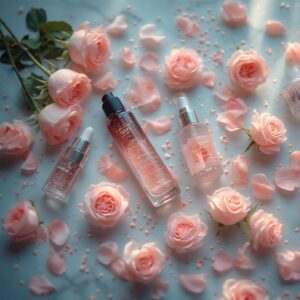 Roses, skincare bottles, Heritage Skincare Edit, heritage skincare ingredients for mature skin