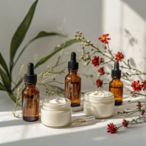 Tinted Bottles, Cosmetics, Lotions, red flowers, outgrowing riituals, mature skincare routine reset