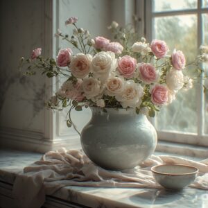 Bouquet of pink and white roses on a window sill.