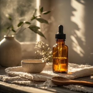 Amber glass bottle of castor oil resting on linen, next to wooden spoon and ceramic bowl and natural botanicals accented by soft filtered light.