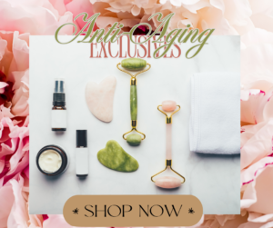 Pink and floral flatlay of facial contouring tools, facial rollers and gua sha stones with Shop Now text.