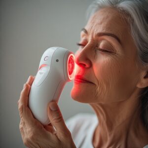 Mature woman using a red light therapy handheld device on her cheek. 
