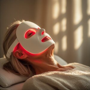 Reclined and relaxed mature woman wearing a red light therapy facial mask, warm tones.